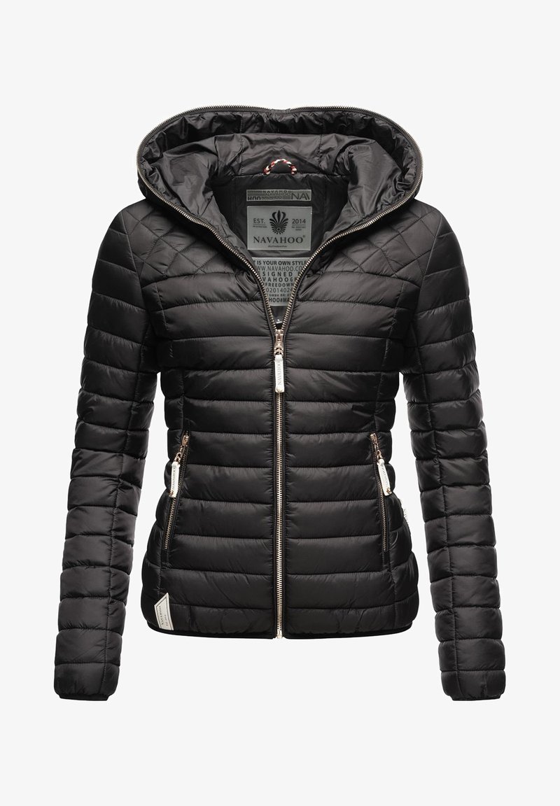 Black quilted puffer jacket with hood, featuring zippered front and side pockets. Material is glossy, with horizontal stitching and metallic accents.