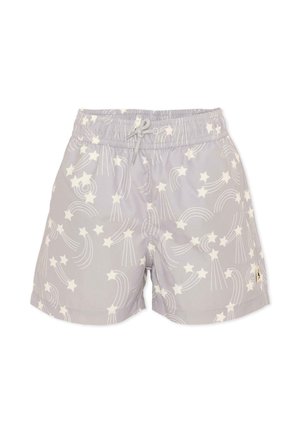 Pantaloncini da bagno con vita elastica grigio chiaro, decorati con motivi di stelle filanti bianche e arcobaleni, con coulisse frontale.