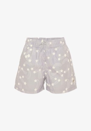 Bañador corto de cintura elástica gris claro con patrones de estrellas fugaces blancas y arcoíris, y cordón frontal.