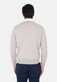 Maglione grigio chiaro con collo rotondo, polsini e orlo a costine. Texture morbida e design aderente. Indossato su pantaloni blu scuro.