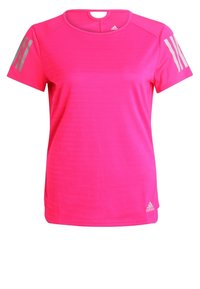 Rosa sportströja i syntetiskt material, med korta ärmar och rund halsringning, samt tre reflektiva ränder på varje axel.