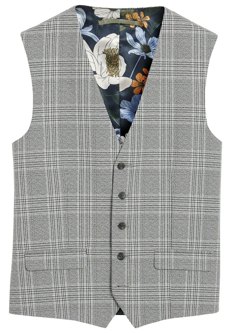 Grijs geruite vest met een V-halsontwerp, voorzien van vijf knopen en twee zakken aan de voorkant. Bloemmotief voering voegt een contrasterend detail toe.