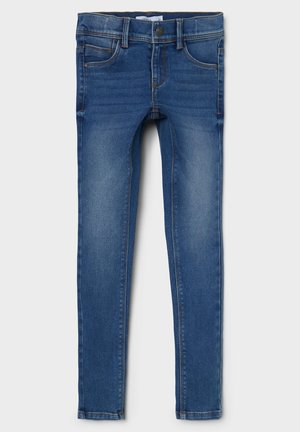 Dunkelblaue Skinny-Jeans aus Denim mit klassischem Fünf-Taschen-Design, Knopf- und Reißverschluss, sowie subtilen Ausbleichungen für Textur.