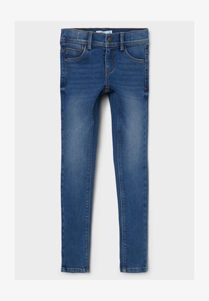 Jeans skinny in denim di colore blu scuro, con un classico design a cinque tasche, chiusura con bottone e zip, e una leggera sfumatura per un effetto di texture.
