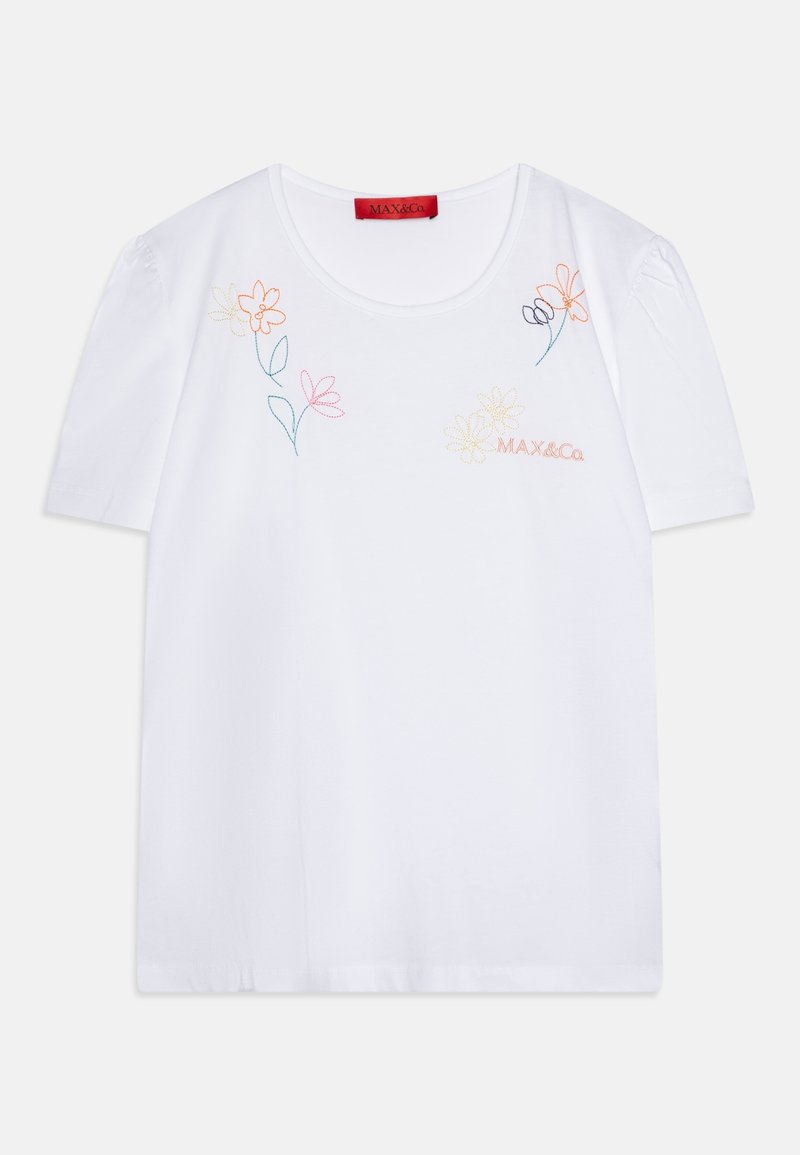 T-shirt blanc à manches courtes avec broderie florale colorée en orange, rose et bleu. Tissu en coton lisse avec un col arrondi.