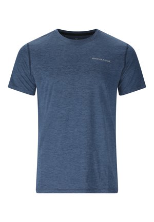 Blå T-shirt med korte ærmer, rund hals, subtil meleret tekstur og "Endurance"-logo på øverste venstre bryst. Ingen synlige mønstre eller grafikker.