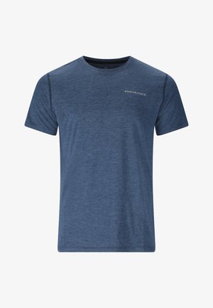 Blauw T-shirt met korte mouwen, ronde hals, subtiele gemêleerde textuur en "Endurance"-logo linksboven op de borst. Geen zichtbare patronen of afbeeldingen.