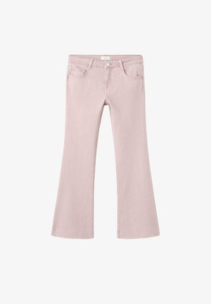 Jeans flare rosa chiaro realizzati in denim, con cinque tasche, chiusura frontale con bottoni e dettagli di cuciture sottili sulle cuciture.