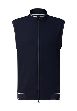 Marineblaues ärmelloses Reißverschlussweste mit Stehkragen und weißer Einfassung am Kragen und Saum, mit kleinem rundem Logo nahe dem unteren Saum.