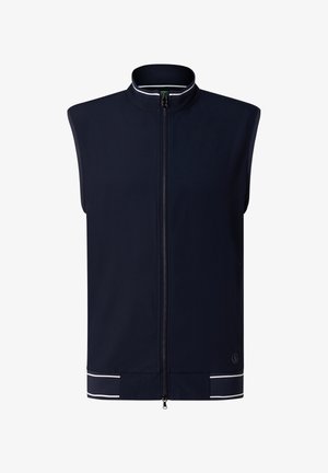 Tmavě modrá bezrukávová vesta na zip s stojáčkem a bílým lemováním na límci a spodním okraji, s malým kulatým logem blízko spodního okraje.