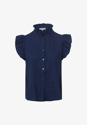Blusa de manga corta azul marino con mangas con volantes, cierre de botones delantero y sutil patrón floral texturizado.