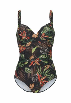 Heldragtssvømmetøj med tropisk blad- og blomsterprint i grøn, brun, orange og sort, med justerbare skulderstropper og et rynket design.
