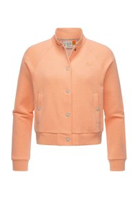 Bunda bomber světle broskvové barvy z měkké látky, s patentními knoflíky, dvěma bočními kapsami, žebrovanými manžetami a malým vyšívaným logem.