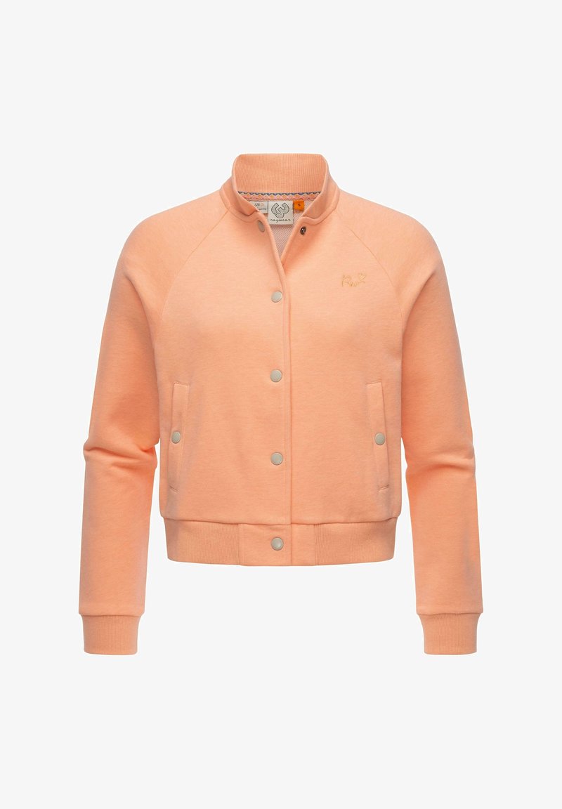 Light peach bomber jacket in soft fabric, featuring a snap button closure, two side pockets, ribbed cuffs, and a small embroidered logo.