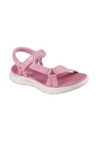 Sandal deportivo rosa con correas ajustables, parte superior texturizada, suela acolchada y una suela exterior de goma blanca diseñada para comodidad y soporte.