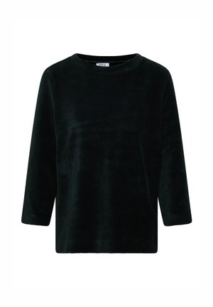 Camicia di velluto a coste nera con maniche lunghe, scollo rotondo, orlo dritto e un'etichetta con la scritta "Cecil" all'interno del colletto.