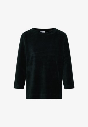 Camicia di velluto a coste nera con maniche lunghe, scollo rotondo, orlo dritto e un'etichetta con la scritta "Cecil" all'interno del colletto.