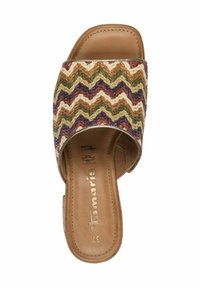 Sandalo a scivolo intrecciato con un motivo a zigzag in tonalità terrose di verde, marrone, viola e crema; plantare in pelle marrone, design open-toe.