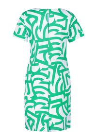 Robe courte à manches courtes jusqu'aux genoux, base blanche avec un motif géométrique abstrait vert vif, fermeture éclair au dos.