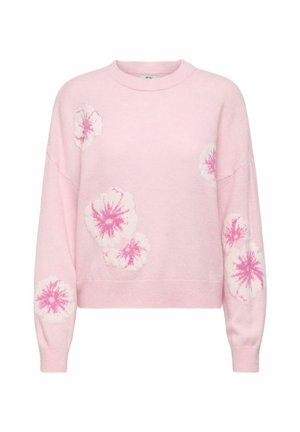 Suéter de punto rosa con corte holgado, que presenta patrones florales en blanco y rosa más oscuro en las mangas y el pecho. Puños y dobladillo de canalé.