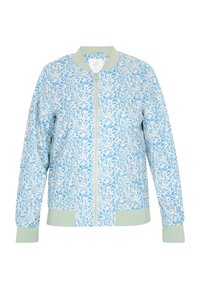 Jachetă bomber florală cu un model alb-albastru, având un guler și manșete ribbate de un verde deschis, închidere cu fermoar pe față și croială relaxată.