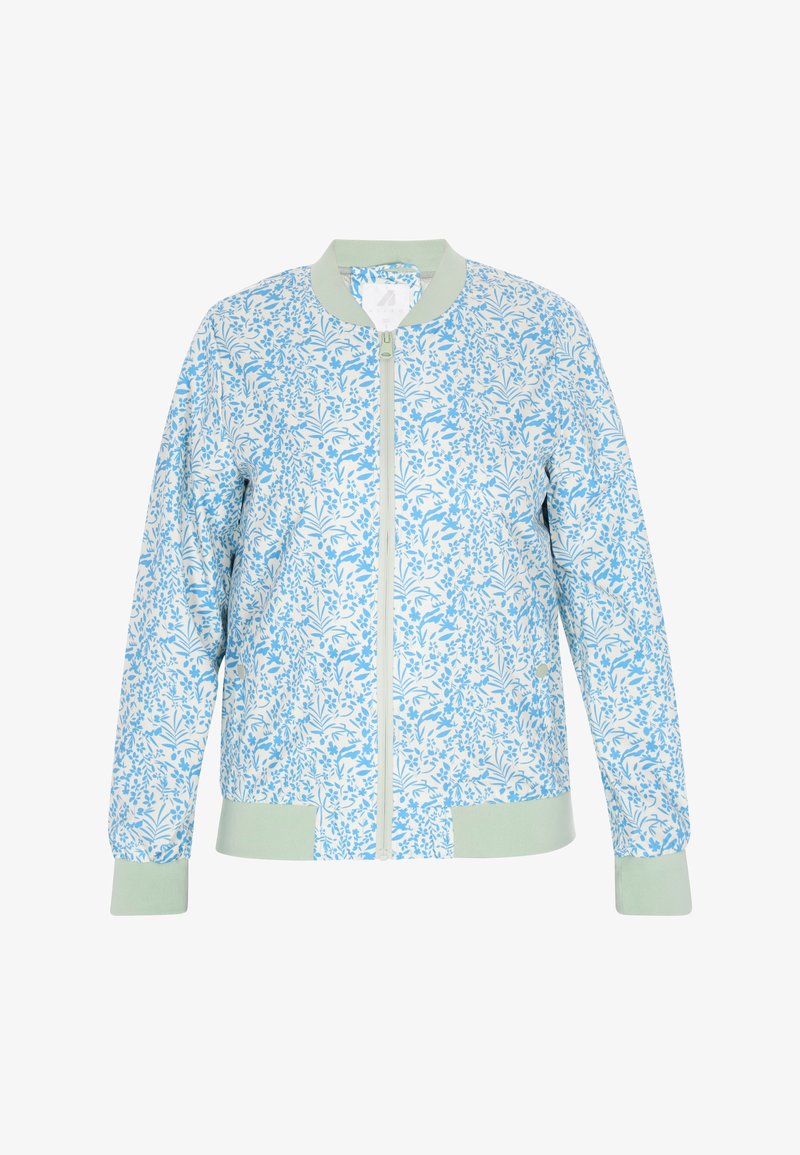 Chaqueta bomber floral con un patrón azul y blanco, con un cuello y puños acanalados en verde claro, cierre frontal con cremallera y un ajuste relajado.