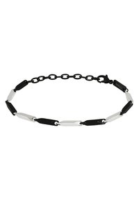 Collana a catena nera e argento con anelli ovali alternati, con una finitura liscia e lucida e chiusura a moschettone.