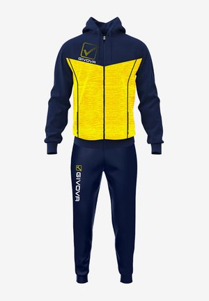 Completo sportivo navy e giallo con giacca con cappuccio e zip, caratterizzato da un motivo testurizzato e logo stampato, abbinato a pantaloni tapered coordinati.