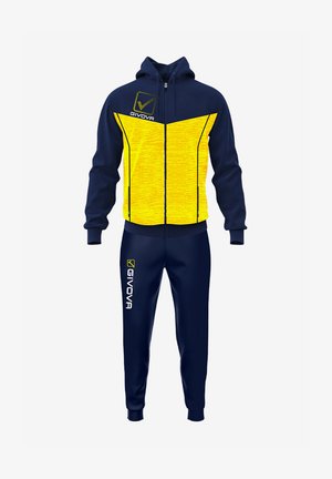 Completo sportivo navy e giallo con giacca con cappuccio e zip, caratterizzato da un motivo testurizzato e logo stampato, abbinato a pantaloni tapered coordinati.