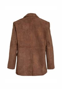 Ruskove napa jakne s dolgimi rokavi in ovratnikom v rjavi barvi, prikazane s hrbtne strani na beli podlagi.