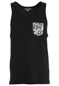 Czarny bezrękawnik z małą białą kieszonką z przodu, ozdobioną czarnym wzorem w zygzak, rozmiar średni.