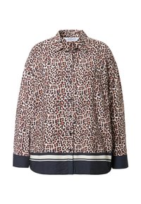 Leopardenmuster-Hemd aus Stoff mit durchgehender Knopfleiste, Kragen und langen Ärmeln. Dunkelblauer Akzentstreifen am Saum. Weiche Textur.