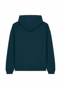 Felpa blu navy realizzata in un tessuto morbido, con cappuccio regolabile tramite lacci, polsini e orlo a costine, caratterizzata da un design semplice e pulito.