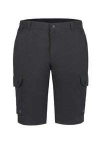 Shorts cargo noirs en tissu texturé, avec deux poches latérales à rabat et une fermeture à bouton à la taille.