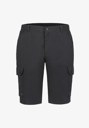 Zwarte cargobroek met een gestructureerde stof, twee zijzakken met kleppen en een knoopsluiting bij de taille.