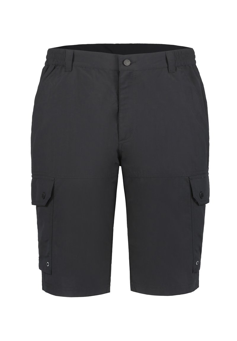 Shorts cargo noirs en tissu texturé, avec deux poches latérales à rabat et une fermeture à bouton à la taille.