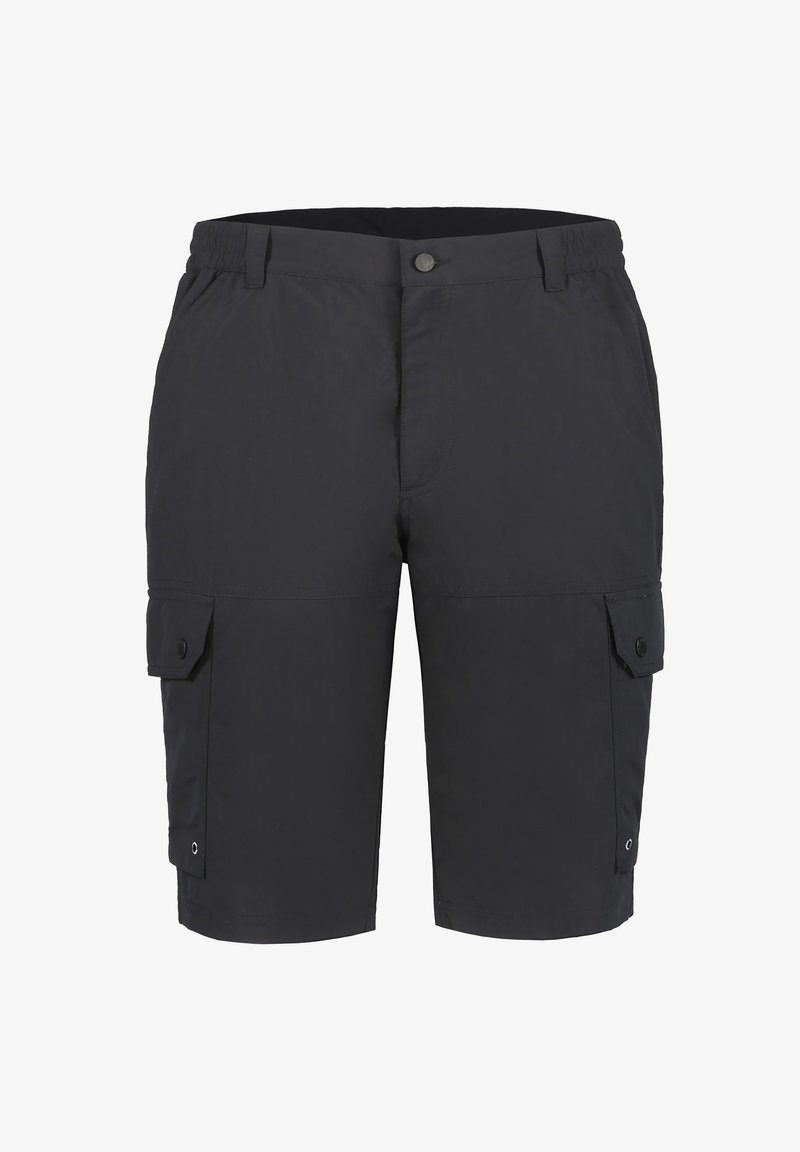 Schwarze Cargo-Shorts aus strukturiertem Stoff, mit zwei seitlichen Taschen mit Klappen und einem Knopfverschluss am Bund.