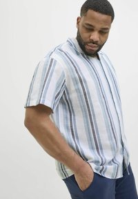 Camisa de botones de mangas cortas en rayas blancas, azules y grises; fabricada en un tejido ligero con un corte holgado y diseño de cuello abierto.