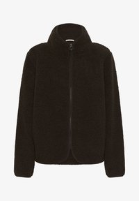 Giacca in pile marrone scuro con colletto alto, chiusura a zip e superficie texturizzata. Presenta maniche lunghe e una vestibilità comoda.