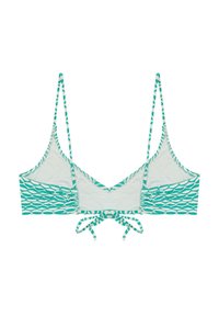 Sujetador de bikini en color verde azulado con escote en V, tirantes ajustables y cierre en la parte posterior con lazo. Presenta una textura de tela suave y un diseño geométrico.