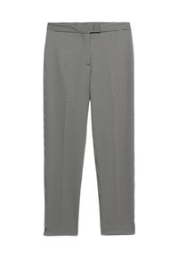 Zwart-wit geruite broek met een strakke pasvorm, een gladde textuur en rechte pijpen. Voorzien van een tailleband en geen zichtbare zakken.