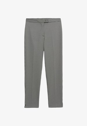 Black and white checkered trousers with a fitted design, smooth texture, and straight leg cut. Features a waistband and no visible pockets.