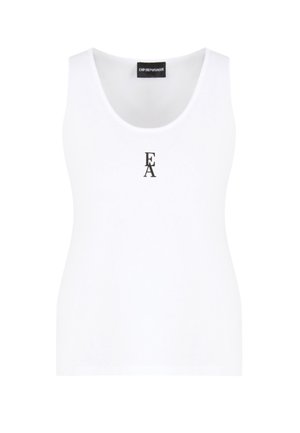 Top in cotone bianco con scollo rotondo e piccolo logo ricamato in nero "EA" sul petto. Texture liscia, design aderente.