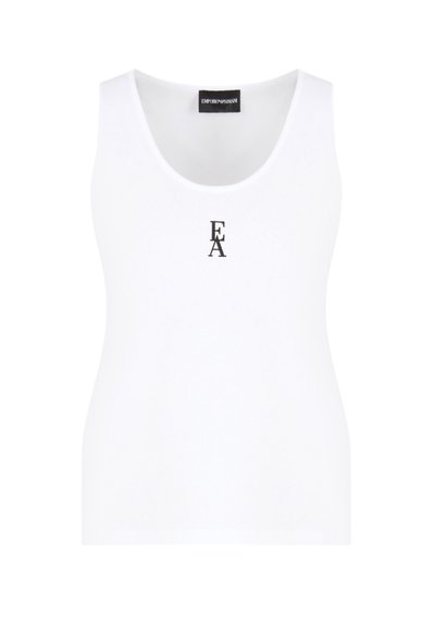 Top in cotone bianco con scollo rotondo e piccolo logo ricamato in nero "EA" sul petto. Texture liscia, design aderente.