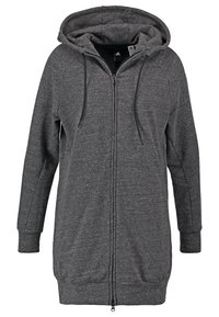 Sudadera con cremallera de color gris oscuro, de manga larga, con bolsillos frontales, capucha ajustable con cordón y puños y dobladillo acanalados, presentada sobre un fondo liso.