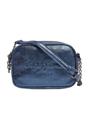 Lille rektangulær metallic blå crossbody taske med justerbar rem og præget Pepe Jeans London logo på forsiden.