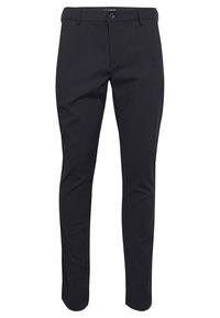 Zwarte broek van gladde stof, taps toelopend ontwerp, met rits en knoopsluiting, voorzien van voor- en achterzakken.