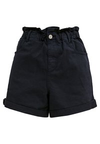 Shorts bleu marine foncé en tissu de coton. Dotés d'une taille froncée, de poches avant et de ourlets roulés. Accent en bouton argenté sur l'avant.