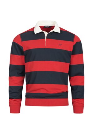 T-shirt de rugby rayé rouge et marine avec un col polo blanc, des poignets côtelés et un petit logo sur la poitrine. Fabriqué en tissu mélangé en coton.