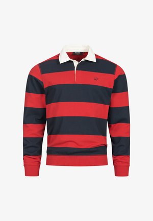Czerwono-granatowa koszulka rugby w paski z białym kołnierzykiem polo, prążkowanymi mankietami i małym logo na piersi. Wykonana z mieszanki bawełny.
